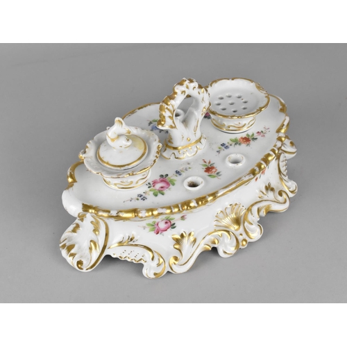 439 - A 19th Century Oval Porcelain Inkstand with Fitted Section for Powder, Ink and Pens Raised on Taperi... 