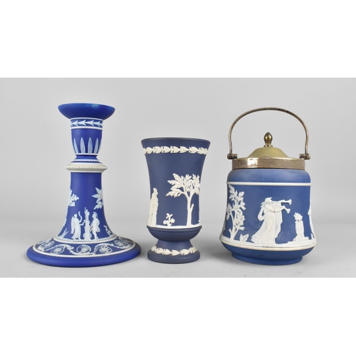 459 - Three Pieces of Wedgwood Jasperware to Comprise Candlestick, 16cm and a Vase 12.5cm and a Lidded Pot... 