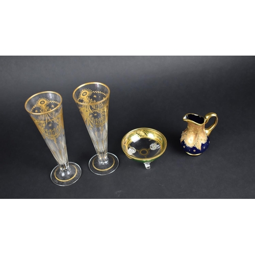 461 - A Pair of 19th Century Drinking Glasses with Flute Bowls Decorated in Gilt with Swag Decoration 19.5... 