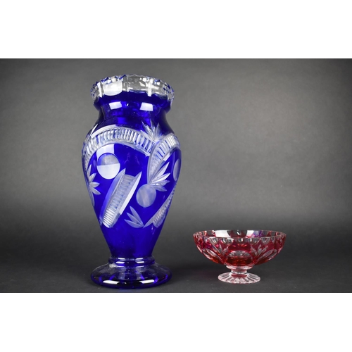 465 - A Bohemian Blue Cut Glass Vase, 27cm high Together with a Pedestal Dish