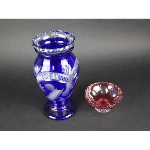 465 - A Bohemian Blue Cut Glass Vase, 27cm high Together with a Pedestal Dish