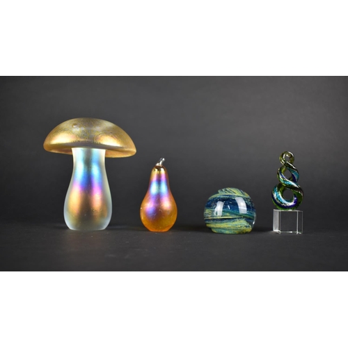 469 - An Iridescent Glass Mushroom Paperweight, 12cm High Together with an Iridescent Glass Pear, a Mdina ... 