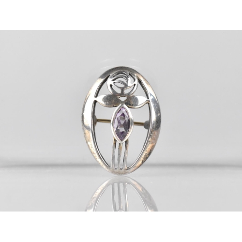 496 - A Pretty Silver Art Nouveau Brooch with Amethyst Stone in the Mackintosh Style, 'PT' Makers Mark to ... 