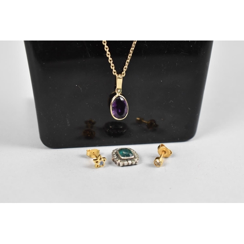 501 - An 18ct Gold Mounted Untested Amethyst Pendant on Gilt Silver Chain, a Paste and Green Stone Ring Mo... 