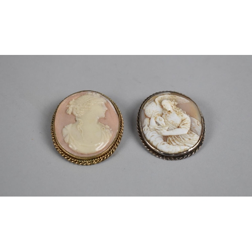 502 - Two Large 19th Century Cameo Brooches, White Metal Mounted Example Depicting Hebe with Jupiters Eagl... 