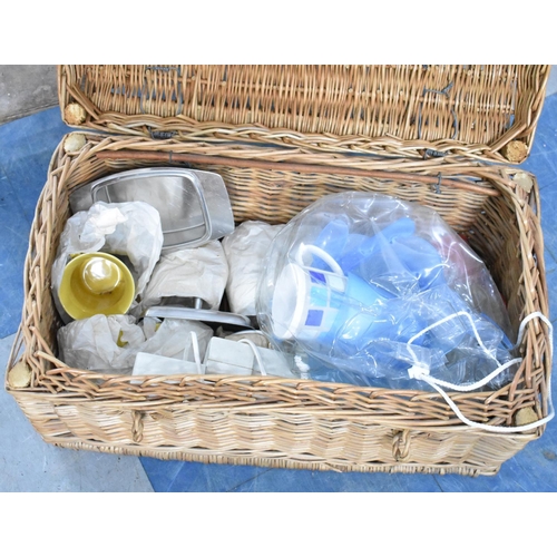 521 - A Vintage Wicker Hamper Containing Various Kitchenalia to include Viners Butter Dish, Cups, Mugs Etc