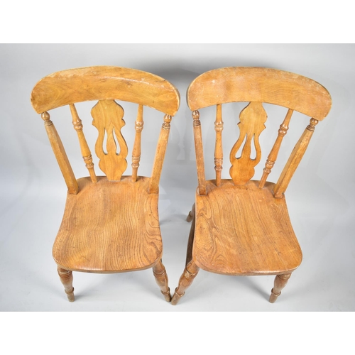 582 - Two Vintage Elm Seated Kitchen Chairs with Pierced Splats