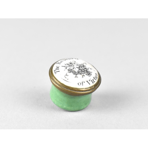 61 - A Miniature Circular Enamelled Pill Box, Lid Inscribed The Reward of Virtue, 2cms Diameter