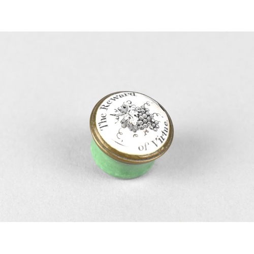 61 - A Miniature Circular Enamelled Pill Box, Lid Inscribed The Reward of Virtue, 2cms Diameter