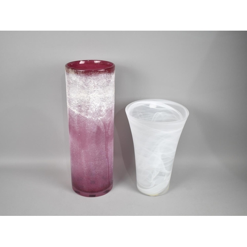 68 - Two Modern Glass Vases, Flared Example 29cms and Cylindrical Pink Example 43cms