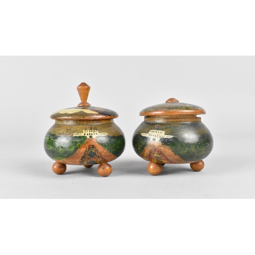 80 - A Pair of Hand Painted Treen Wooden Lidded Bowls on Three Ball Feet, Decoration Depicting Colonial F... 