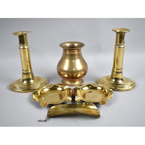 88 - A Pair of 19th Century Brass Candlesticks, a Far Eastern Indian Vase together with Ashtrays and Shoe... 