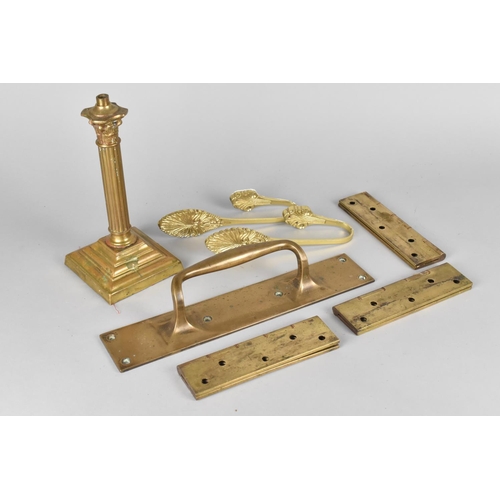 129 - A Collection of Brass to include Set of Three Hinges, Pair of Tie Backs, Door Handle and Table Lamp ... 