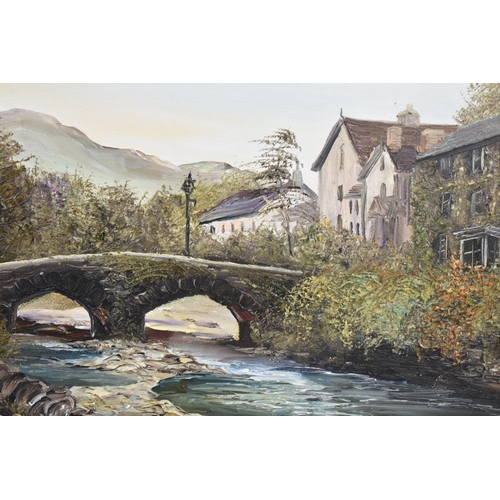 146 - A Gilt Framed Oil on Canvas, Signed Ann Celio, Depicting Highland Bridge Over River Beside Cottages,... 