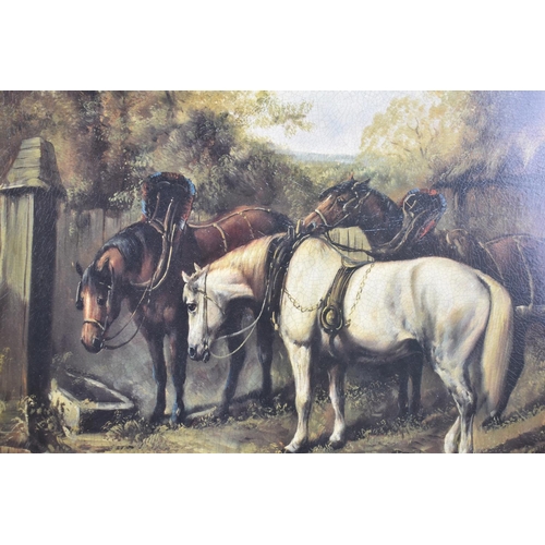 155 - A Gilt Framed Textured Print Depicting Three Horses in Harness, 39x29cms