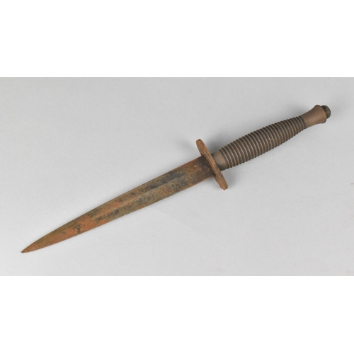 158 - A WWII Period Fairbairn-Sykes Commando Fighting Knife with Leather Sheath, Blade Rusted