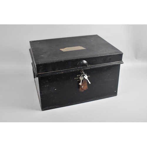 188 - A Vintage Black Painted Metal Deed Box with Key and Two Carrying Handles, 43cms Wide