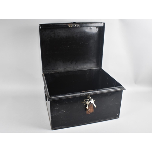 188 - A Vintage Black Painted Metal Deed Box with Key and Two Carrying Handles, 43cms Wide