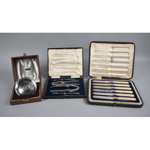 190 - A Cased Nutcracker Set, A Set of Silver Banded Butter Knives and a Royal Wedding Dish