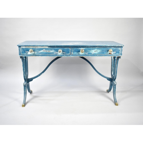 191 - A Blue Painted Two Drawer Side Table, Shabby Chic, 121cms Wide