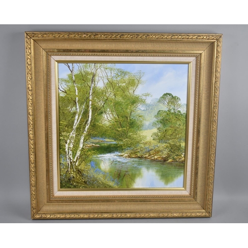 192 - A Gilt Framed Textured Oil on Canvas Depicting River Scene, Signed Evans, 39x39cms