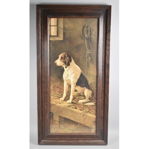 194 - An Edwardian Oak Framed Hunting Print, Seated Hound in Kennel, Signed Alb De Gesne, (1834-1903)