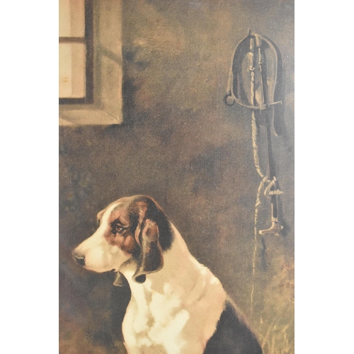 194 - An Edwardian Oak Framed Hunting Print, Seated Hound in Kennel, Signed Alb De Gesne, (1834-1903)