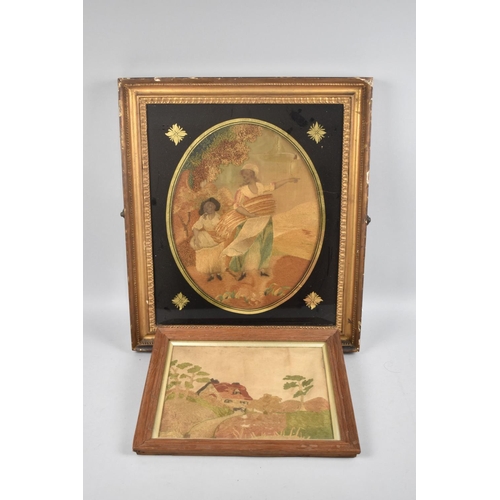 196 - A Gilt Framed Georgian Silk  Stump Work Picture Depicting Mother and Daughter with Sheaves of Corn, ... 