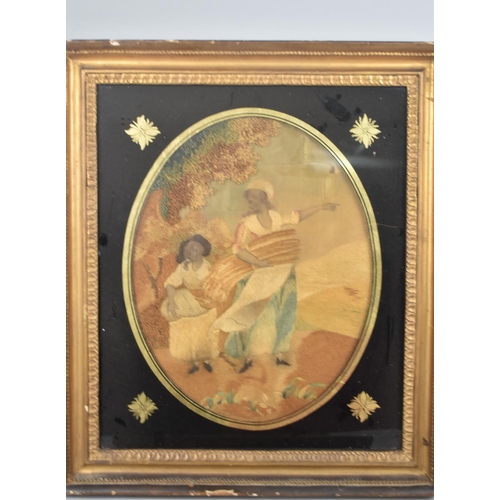 196 - A Gilt Framed Georgian Silk  Stump Work Picture Depicting Mother and Daughter with Sheaves of Corn, ... 