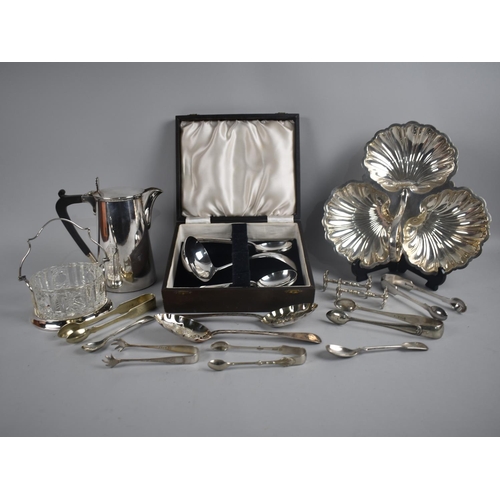 198 - A Collection of Silver Plate to include Cased Set of Six Spoons and Ladle, Trefoil Dish, Sugar Bows,... 