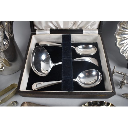 198 - A Collection of Silver Plate to include Cased Set of Six Spoons and Ladle, Trefoil Dish, Sugar Bows,... 