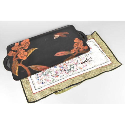 226 - An Oriental Lacquered Two Handled Tray and a Silk Embroidered Panel