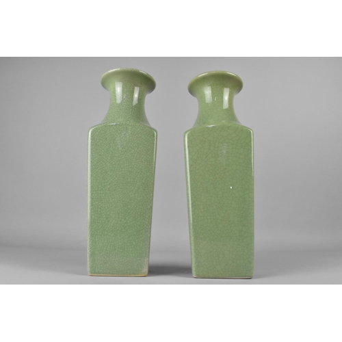 282 - A Near Pair of Celadon Crackle Glazed Vases with Flared Neck to Shouldered Square Bodies, 26cm high