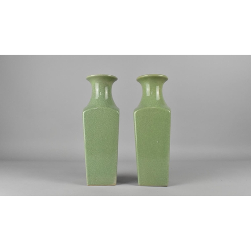 282 - A Near Pair of Celadon Crackle Glazed Vases with Flared Neck to Shouldered Square Bodies, 26cm high