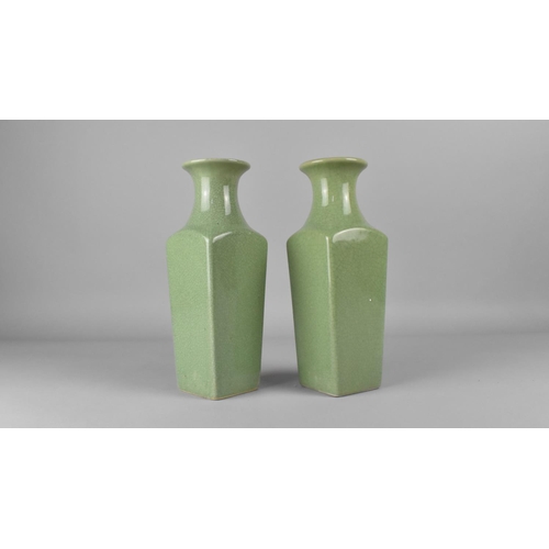 282 - A Near Pair of Celadon Crackle Glazed Vases with Flared Neck to Shouldered Square Bodies, 26cm high