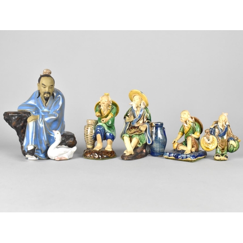 299 - A Chinese 'Mudmen' Figure Depicting Seated Man with Goose, 16cm high Together with Smaller Chinese S... 