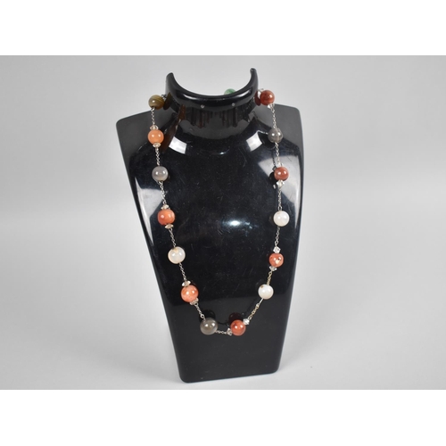 459 - A White Metal Mounted and Spherical Polished Stone Bead Necklace to comprise Banded Agate, Carnelian... 