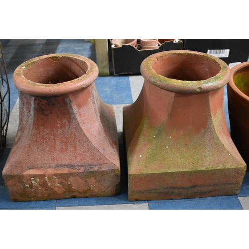 469 - A Pair of Terracotta Chimney Pots Having Circular Tops to Square Bases, 39cm high