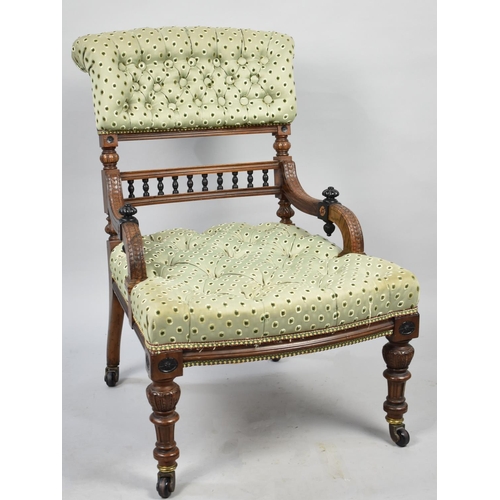 544 - A Pretty Carved Late Victorian or Edwardian Nursing Chair with Button Upholstery