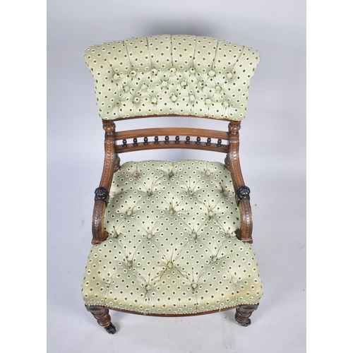 544 - A Pretty Carved Late Victorian or Edwardian Nursing Chair with Button Upholstery