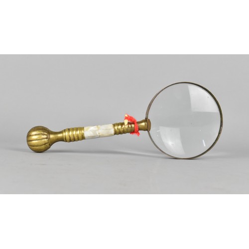 69 - A Modern Brass and Mother of Pearl Handled Desktop Magnifying Glass, 25cms Long