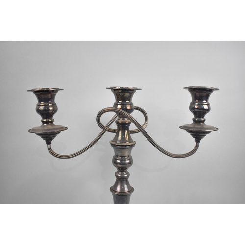 113 - A Large Silver Plated Three Branch Candelabra, 37cms High