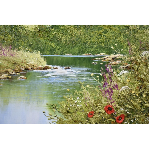 150 - A Large Gilt Framed Textured Oil on Canvas Depicting River Scene with Poppies on Bank, 39cms Square