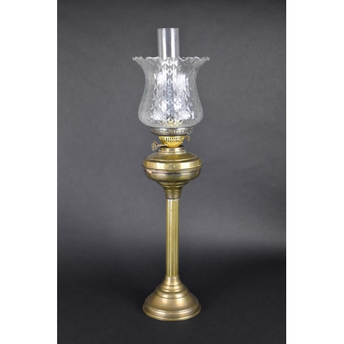 165 - An Edwardian Brass Oil Lamp, Support in the Form of a Ribbed Column with Glass Shade and Chimney, Ov... 