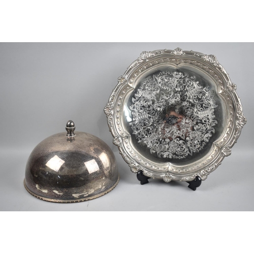 166 - A Silver Plated Salver with Engraved Decoration together with an Unrelated Dome Topped Meat Cover