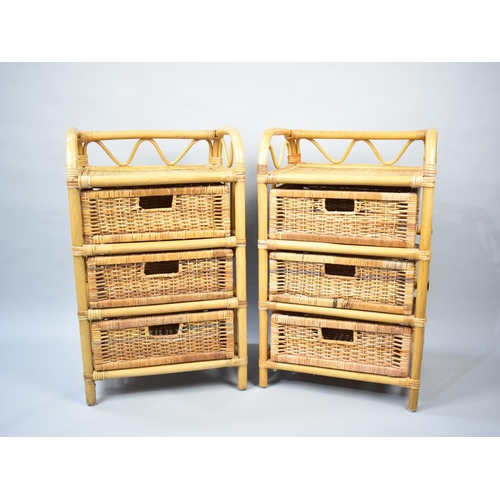 188 - A Pair of Bamboo Framed and Wicker Three Drawer Bedside Units, Each 44cms Wide in the Rattan Style