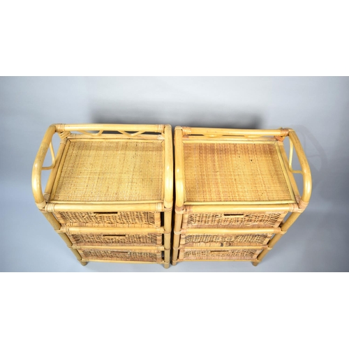 188 - A Pair of Bamboo Framed and Wicker Three Drawer Bedside Units, Each 44cms Wide in the Rattan Style