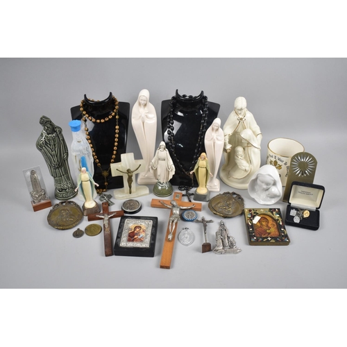 203 - A Collection of Various Religious Items to include Worry Beads, Crucifix, Altar Figures Ets