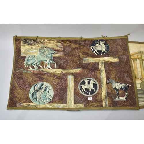 250 - A Pair of Modern Grecian Quilted Wall Hangings Depicting Ruins, Horses Etc, 123x72cms