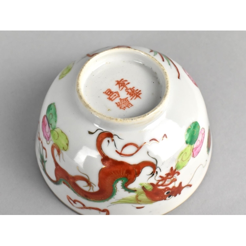 296 - A Chinese Porcelain Tea Bowl Decorated in Polychrome Detailing Dragon and Phoenix, Four Character Ma... 